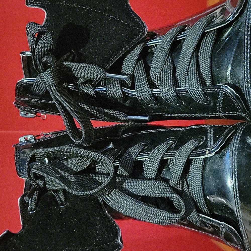 Iron Fist,patent vegan leather, velvet Batwing, Platform boots, women's 8.5,goth